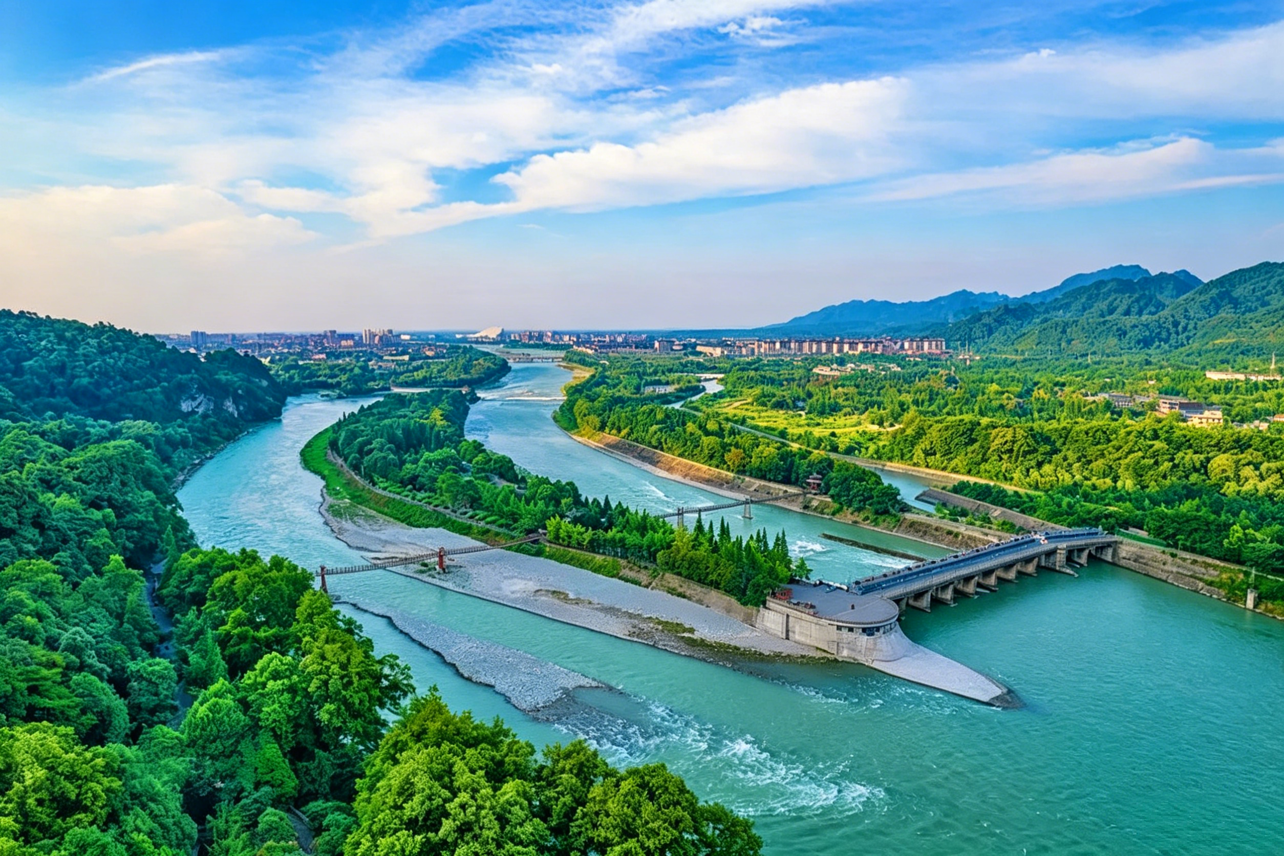 The ancient Dujiangyan Irrigation System — the "Fish Mouth" levee diverting the Min River, still functioning after 2,200 years