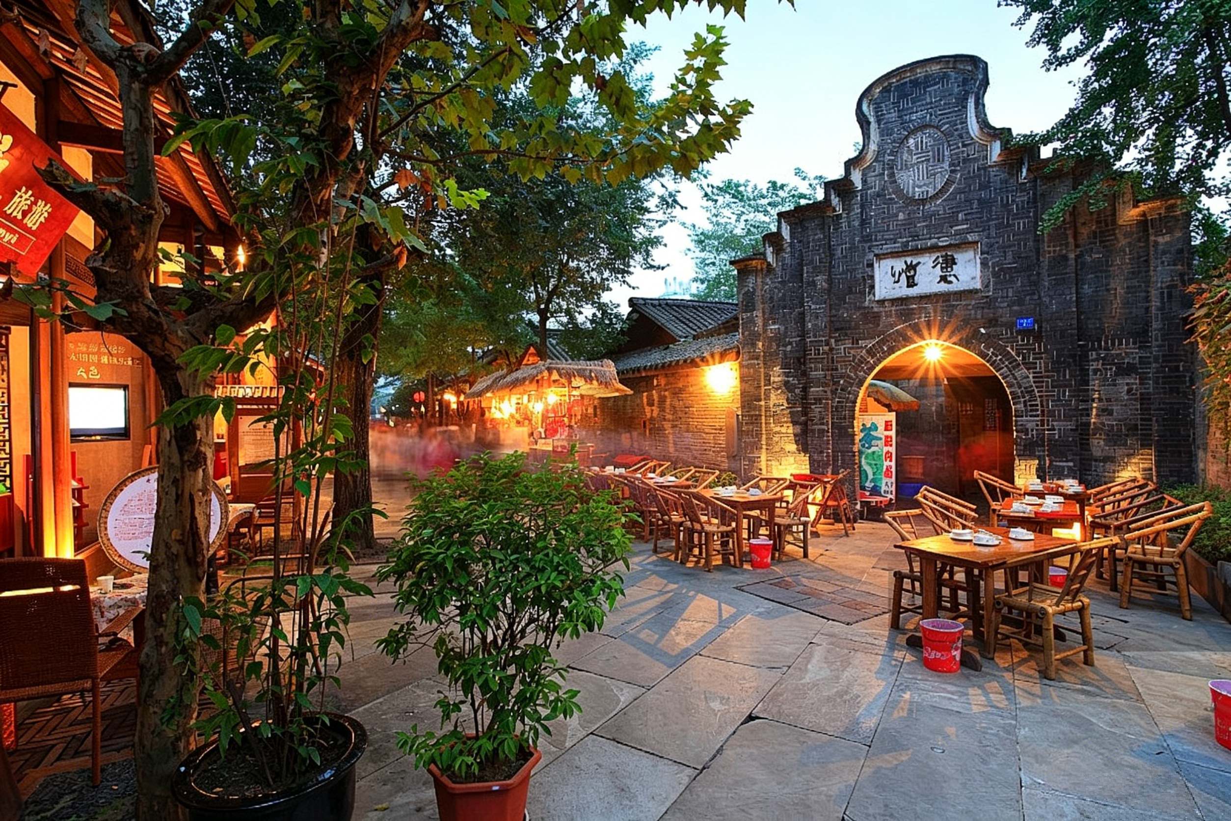 A lantern-lit courtyard teahouse in Kuanzhai Alley — bamboo chairs, jasmine tea, and the slow rhythm of old Chengdu