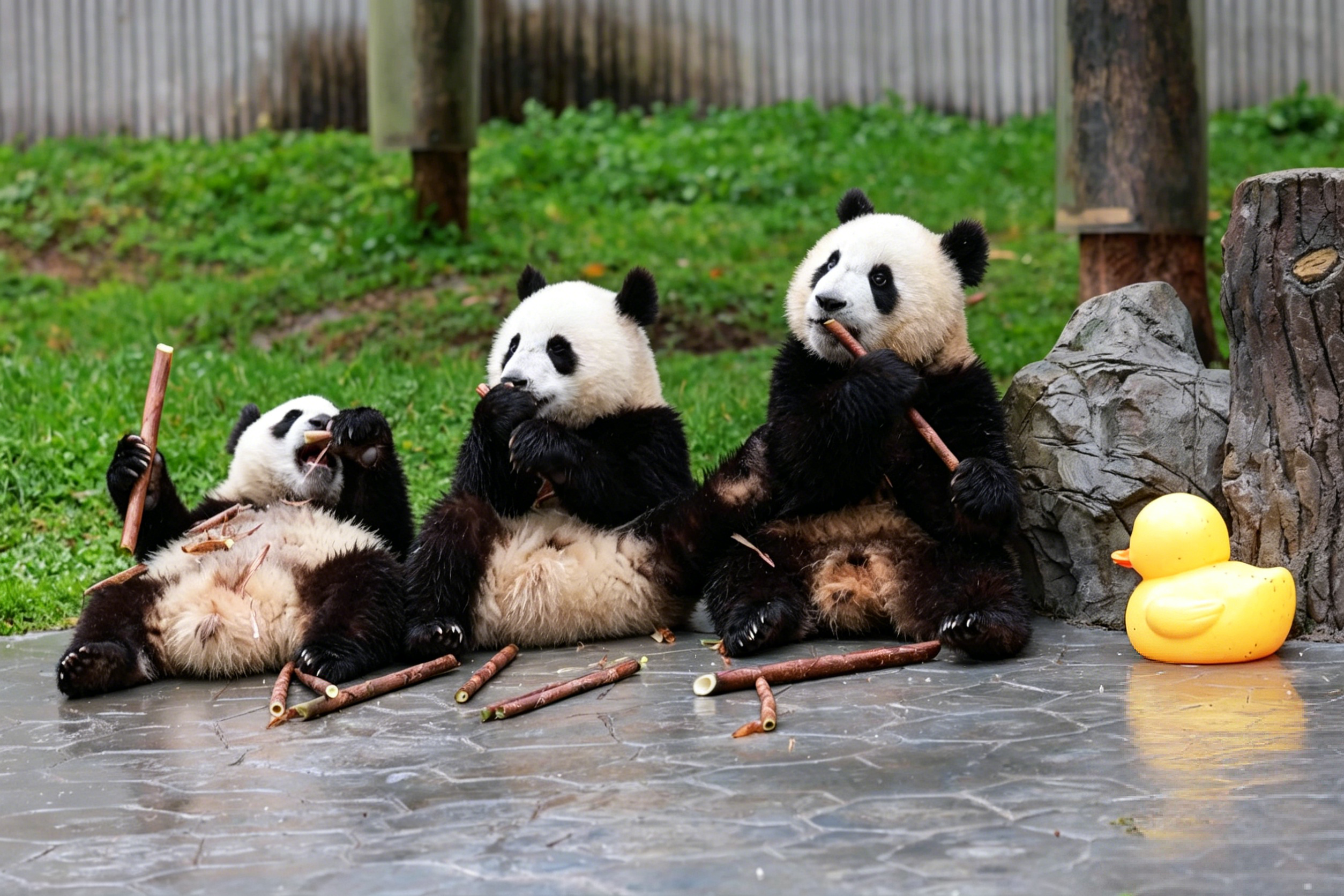 A baby giant panda cub clinging to a wooden platform, surrounded by bamboo — morning feeding time at the Chengdu Panda Base