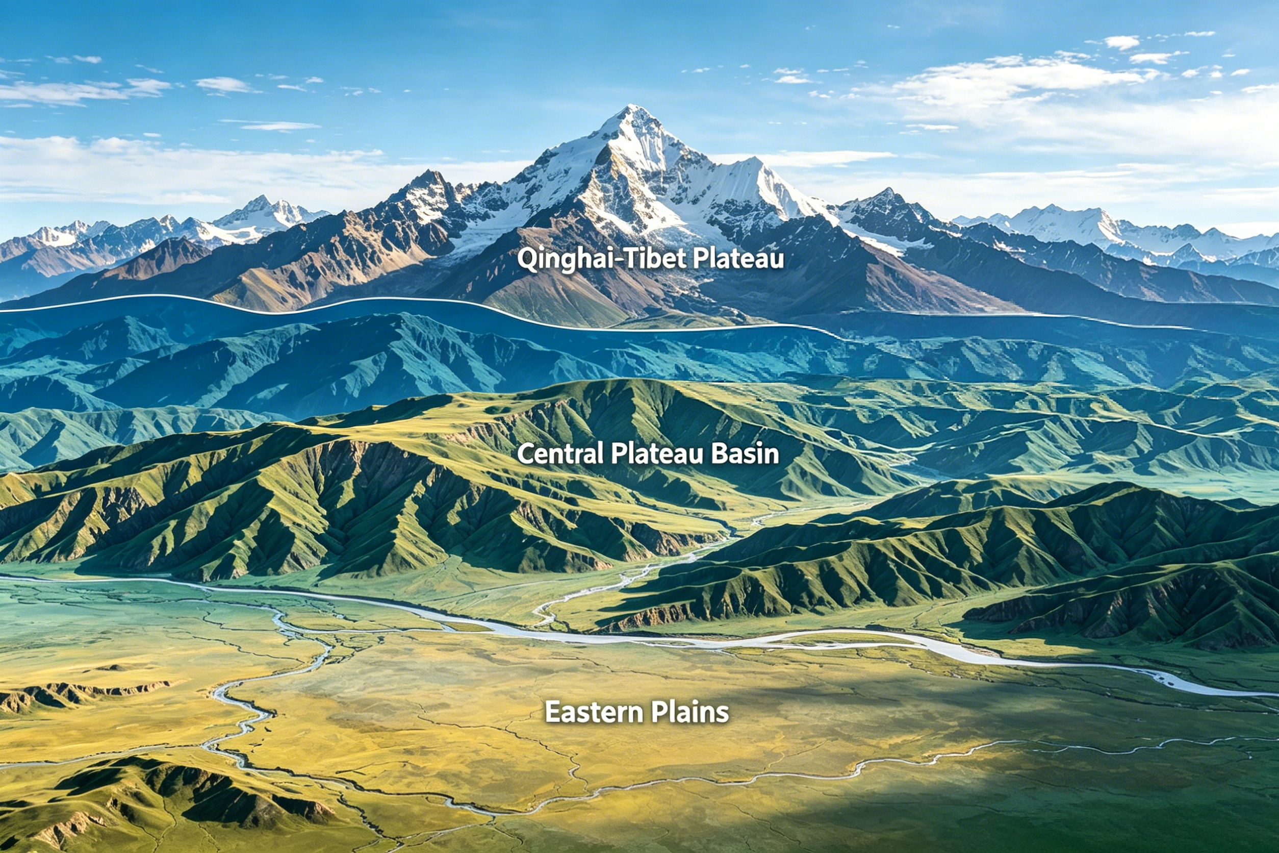 The Three-Step Topography of China: eastern plains, central plateaus, and the towering Tibetan Plateau
