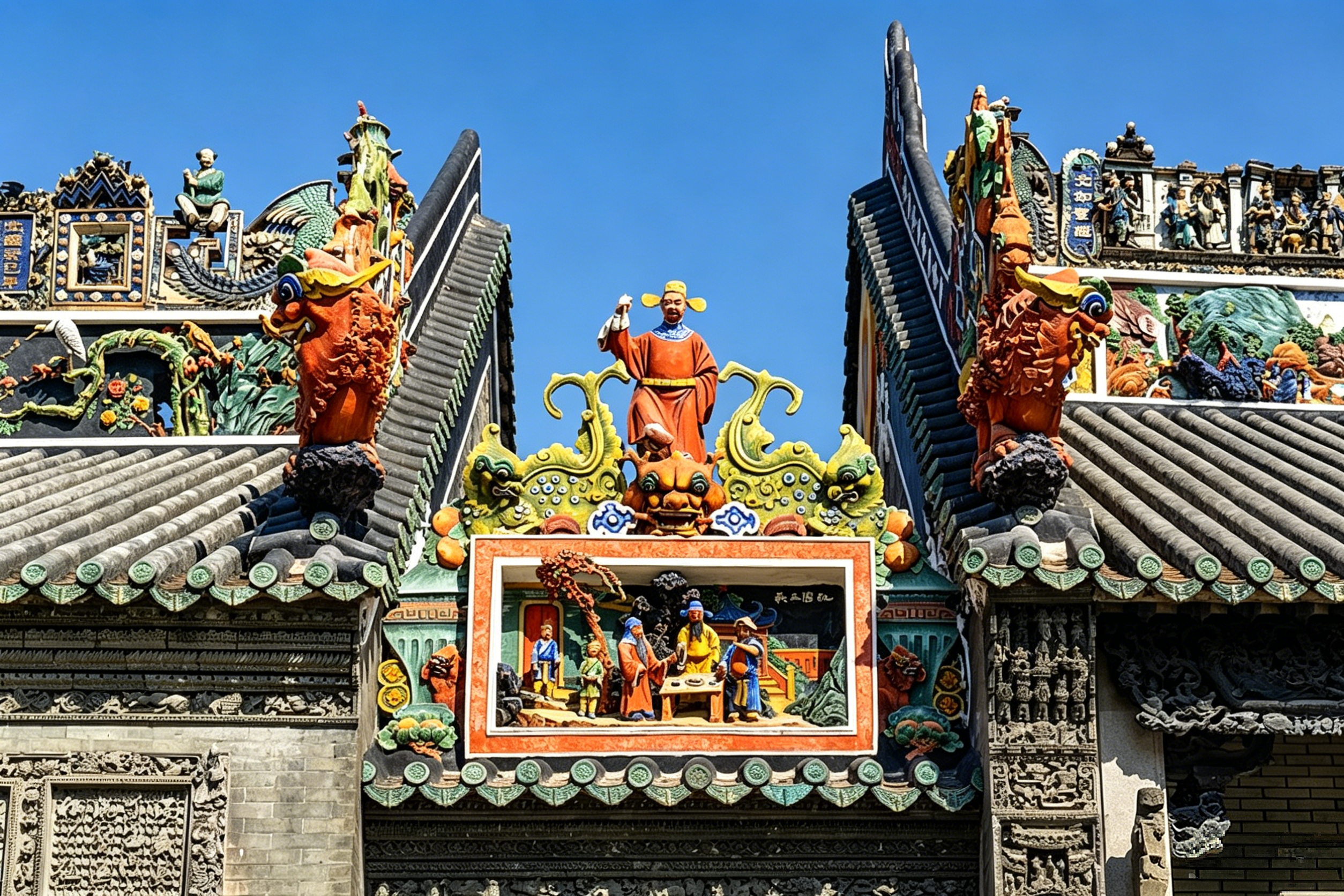 The roof ridge of Chen Clan Ancestral Hall — an explosion of pottery figurines, mythical beasts, and folk tales frozen in glazed ceramic