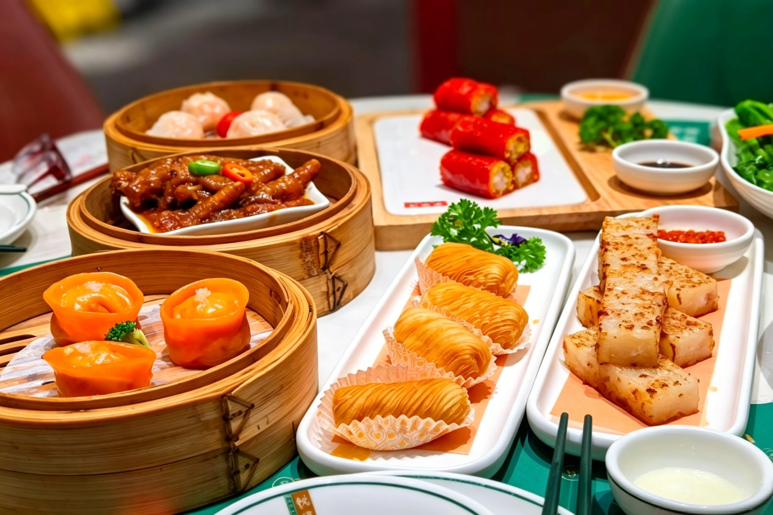A classic dim sum spread — bamboo steamers, tiny plates, and a pot of jasmine tea at a traditional Guangzhou teahouse