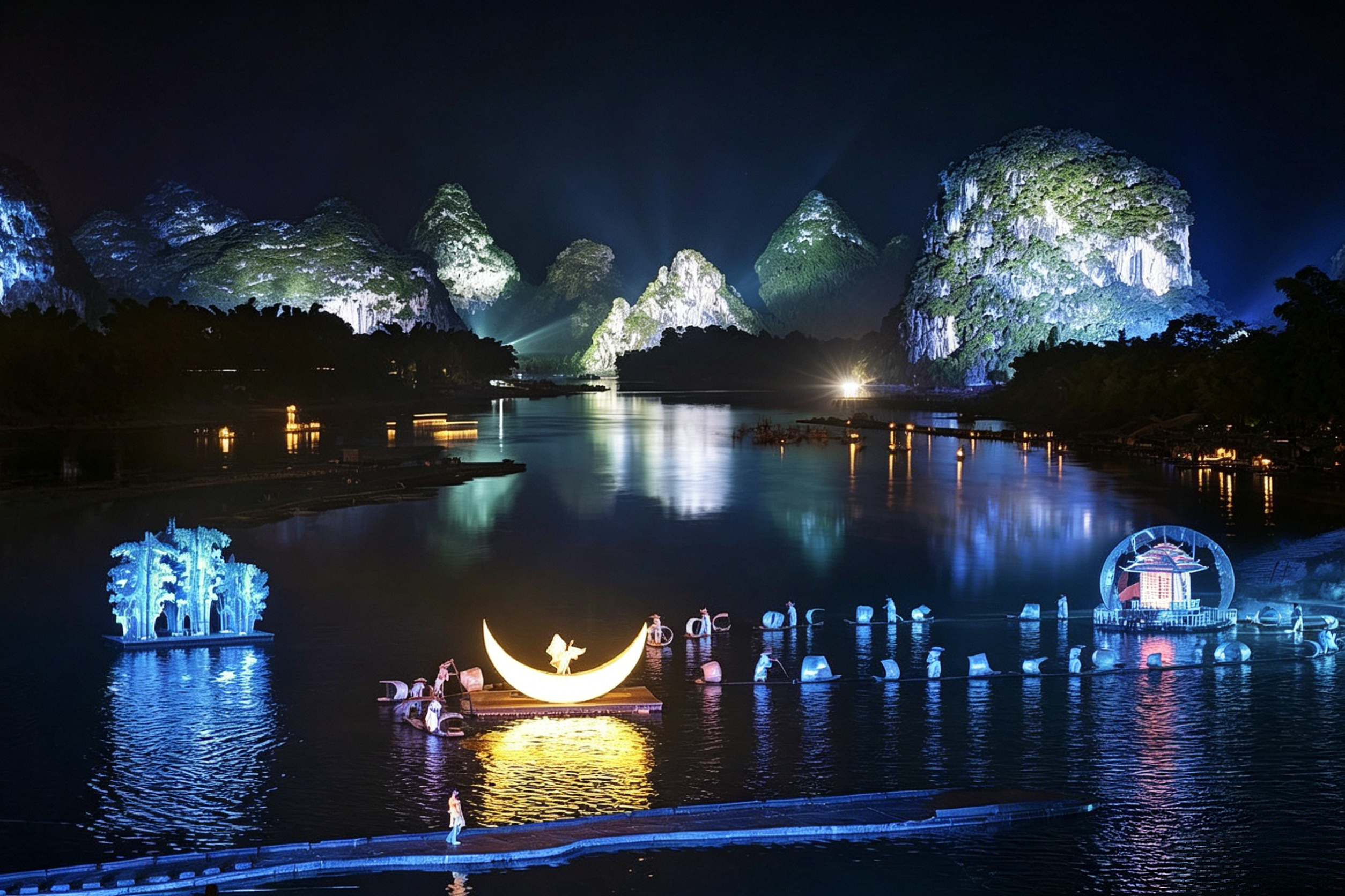 Performers on the Li River — the outdoor spectacle of Impression Liu Sanjie with illuminated karst peaks as the world's largest natural stage