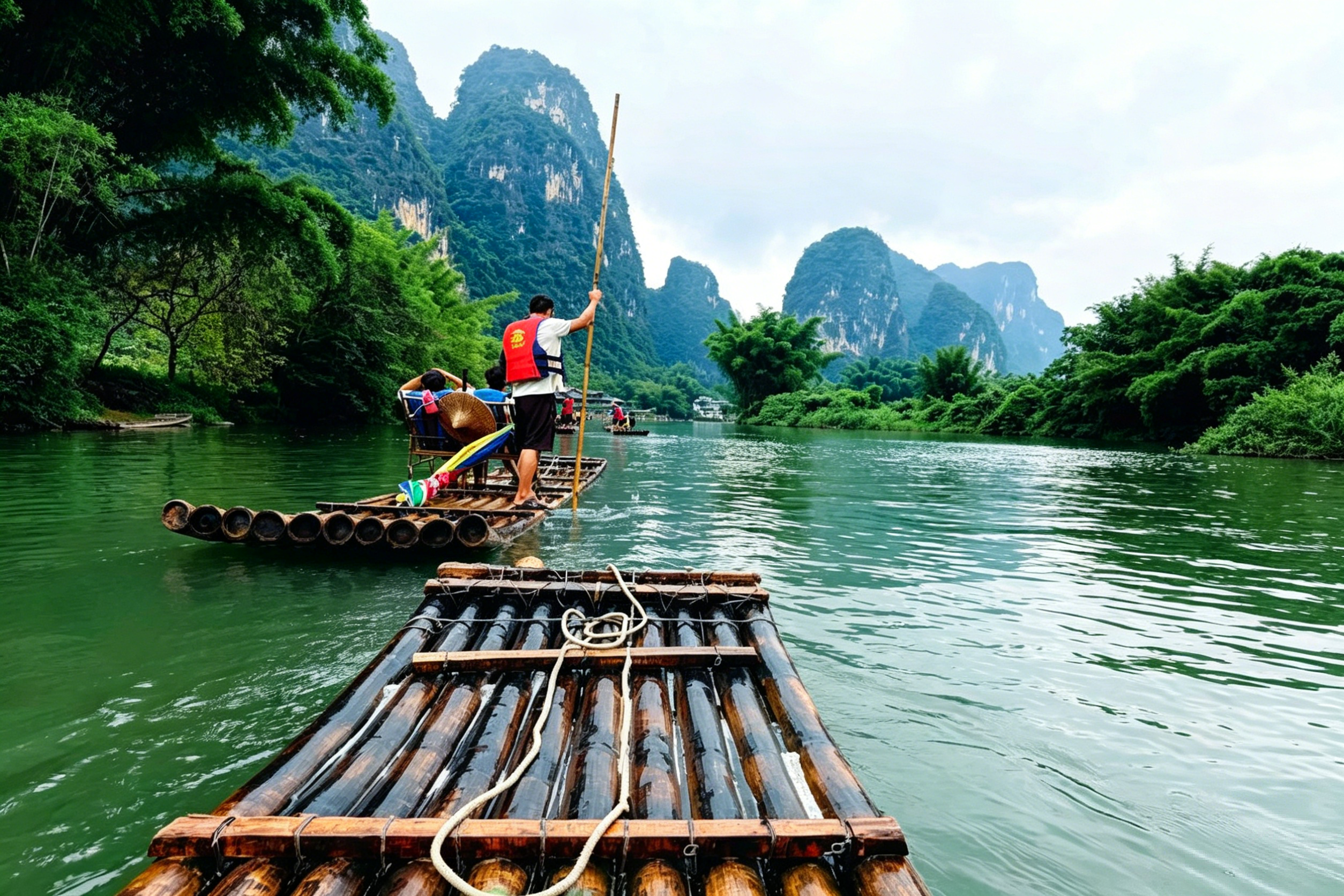 A bamboo raft poled by a boatman on the Yulong River, drifting through rice paddies under karst peaks