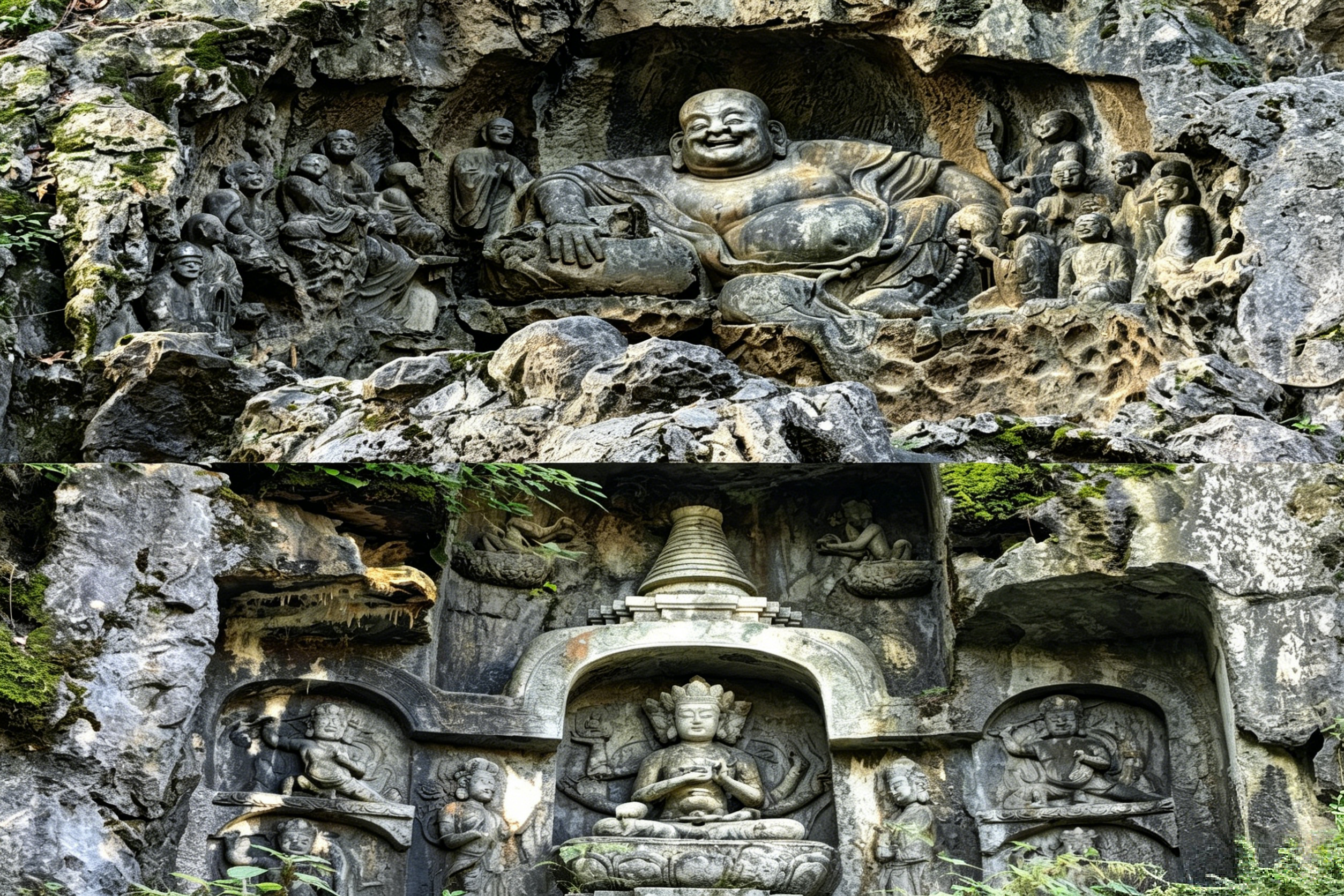 Ancient Buddhist carvings on the Feilai Feng limestone cliff — Bodhisattvas and guardians carved between the 10th and 14th centuries