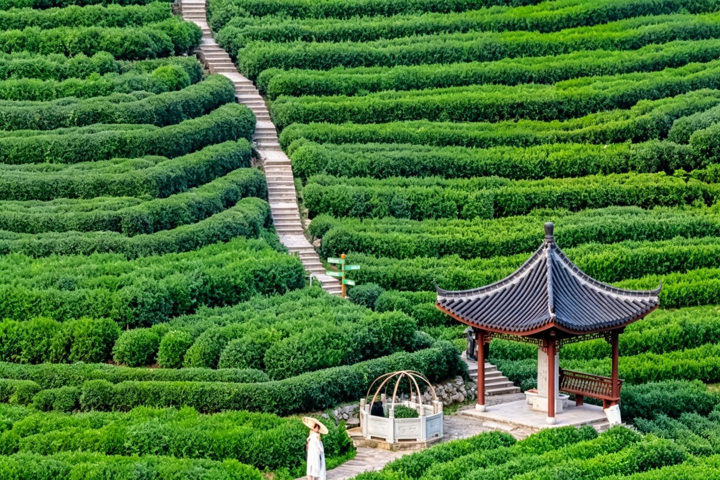 Emerald terraces of Longjing tea bushes climbing the hillsides — the Ten-Mile Langdang trail winding through China's most famous tea country