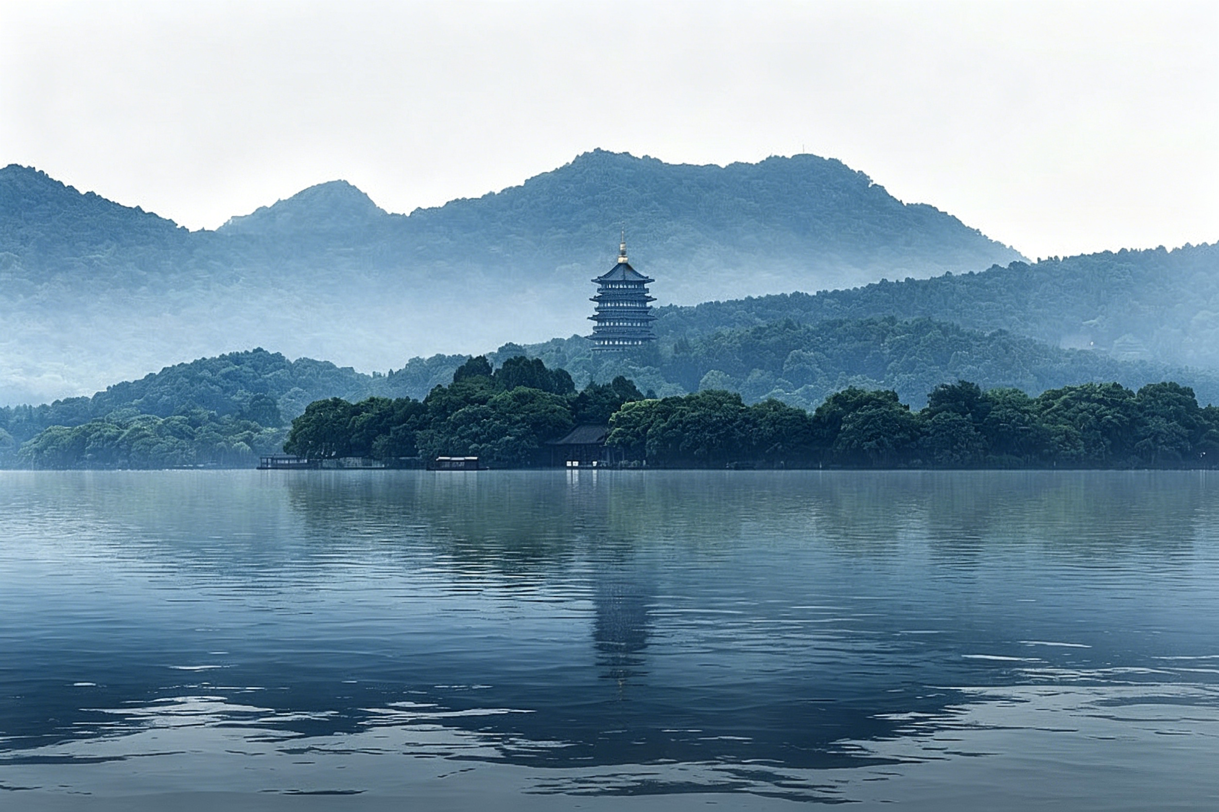 West Lake at dawn — mist rising from the water, willow branches trailing, Leifeng Pagoda silhouetted on the distant hill