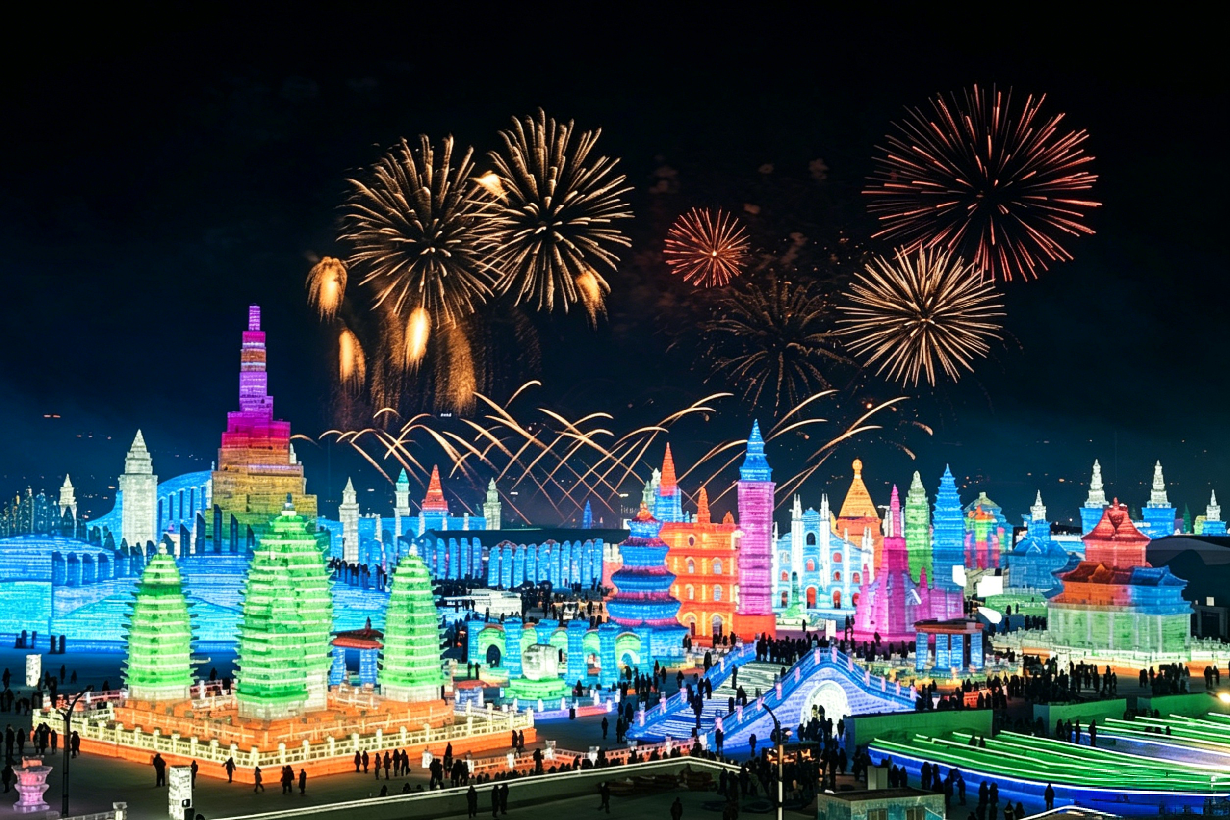 Ice and Snow World at night — a luminous crystal palace carved from frozen Songhua River blocks, glowing in neon colors against the winter sky