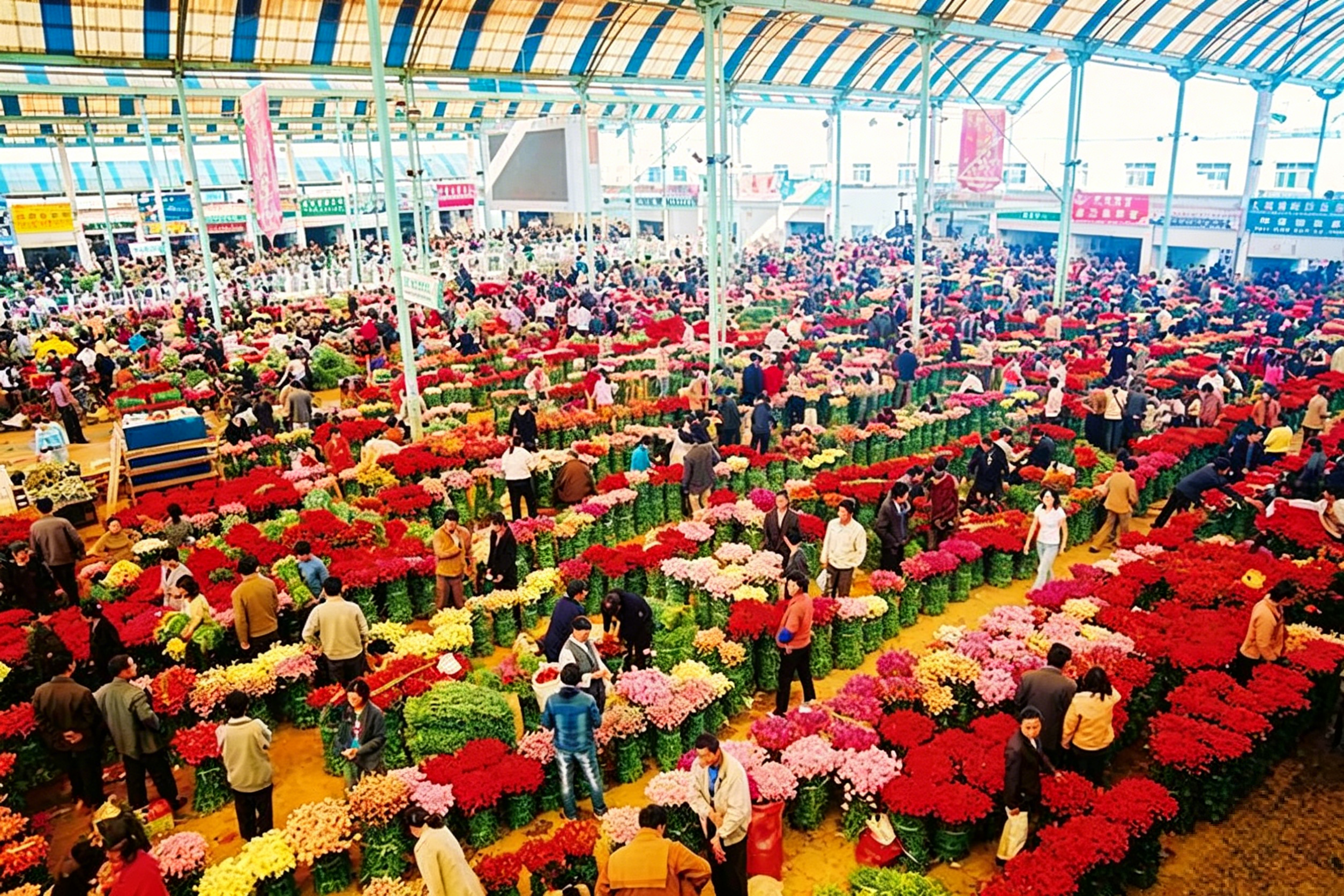 The organized chaos of Dounan Flower Market after 8:30 PM — millions of blooms under fluorescent light, China's flower capital in full swing