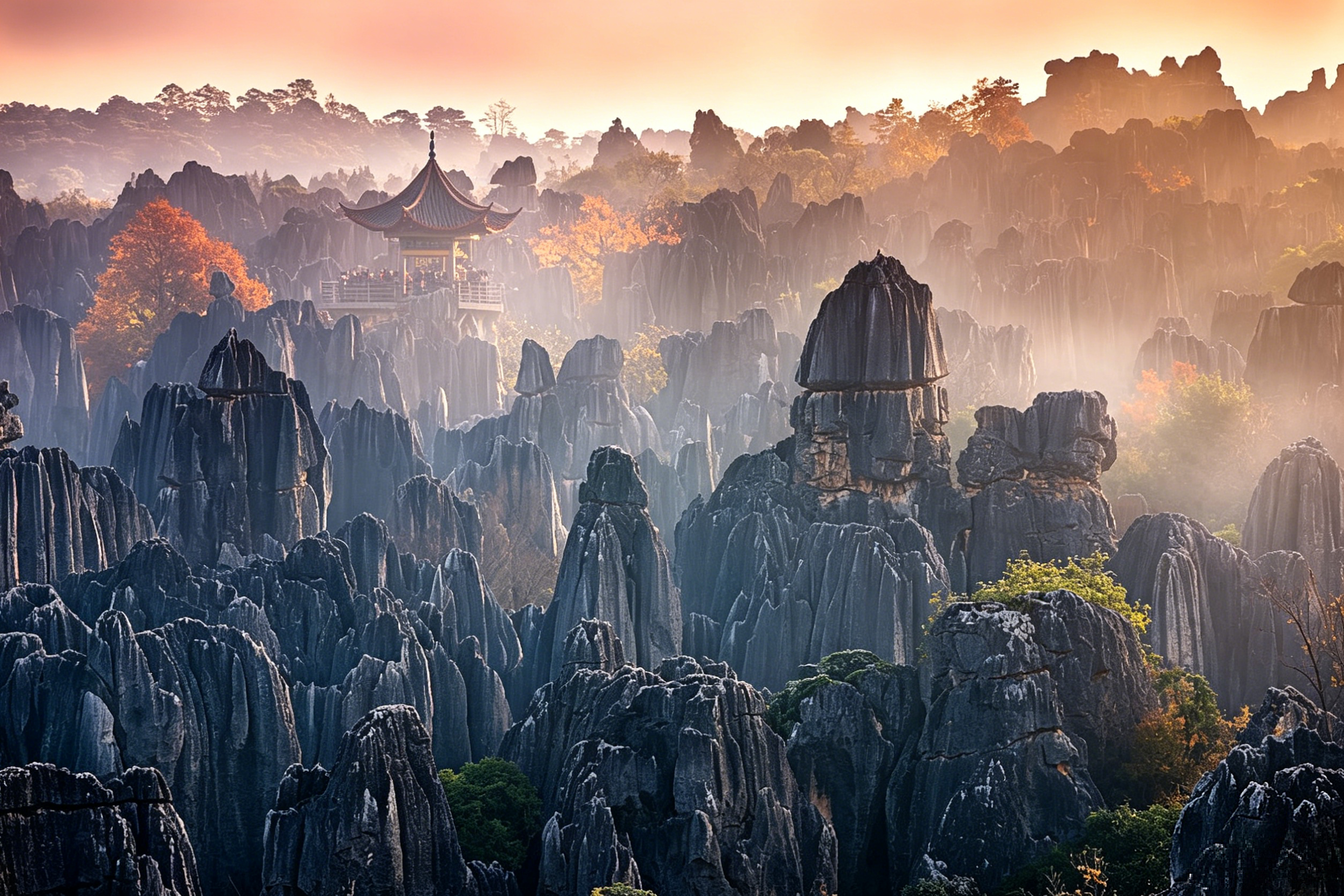 The Stone Forest — towering limestone pinnacles rising like petrified trees under a Yunnan sky