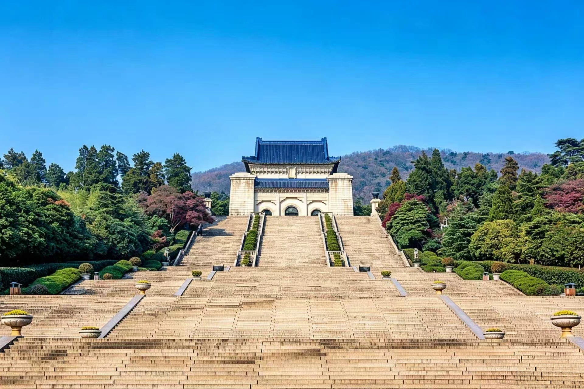 Sun Yat-sen Mausoleum — the 392-step white granite stairway ascending through blue-tiled gates to the memorial hall