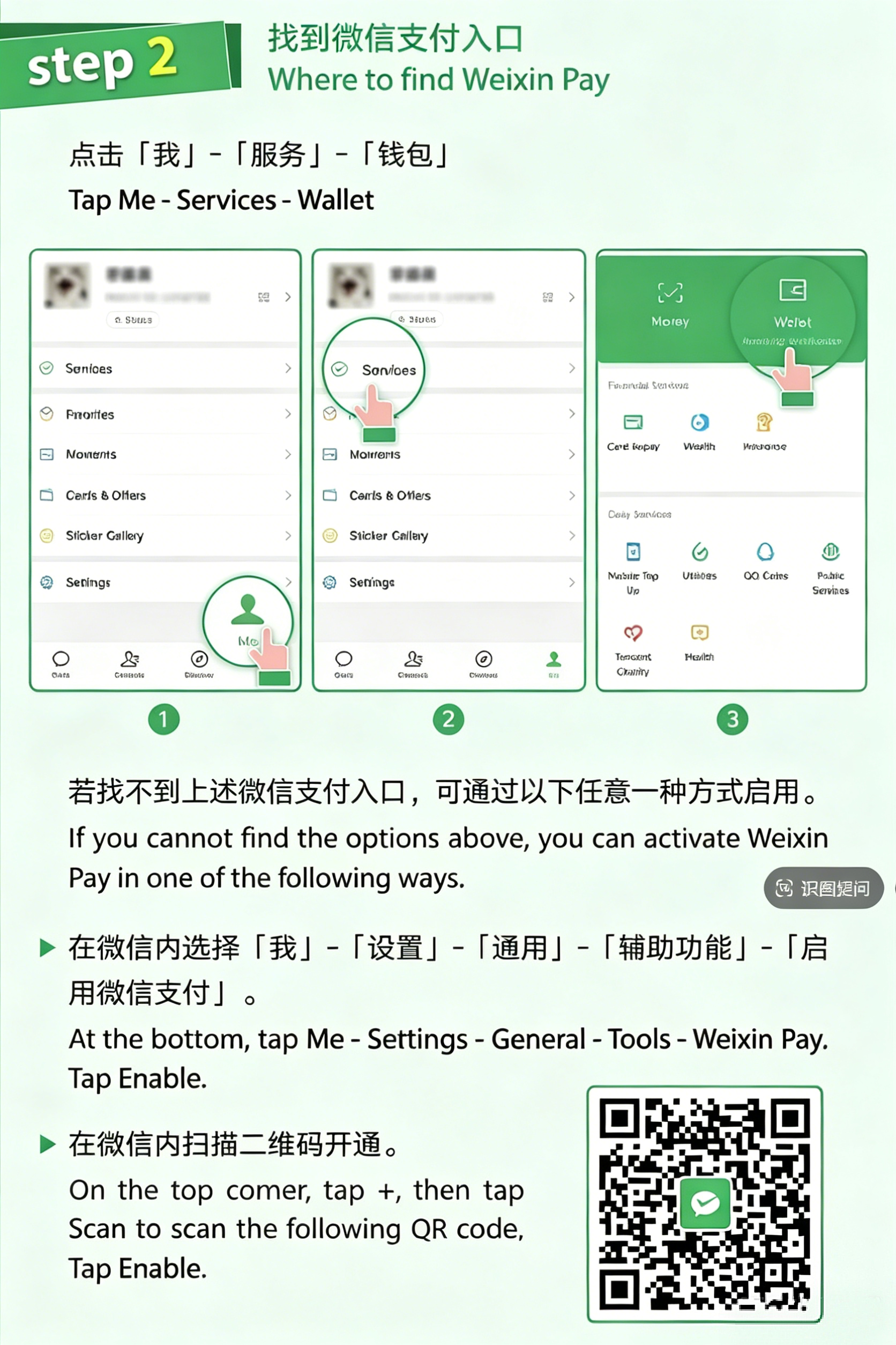 WeChat Pay entry points — tap the "+" icon then "Money" to access Scan, Pay, Transfer, and Red Packets