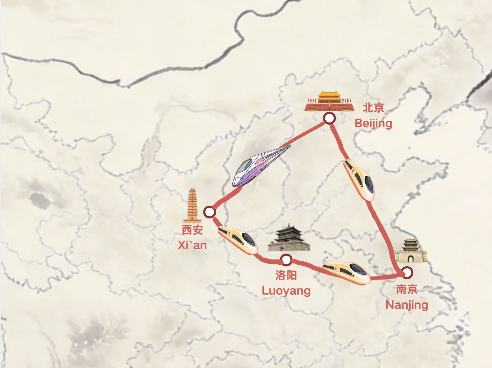 Ancient capitals route map — Beijing, Xi'an, Luoyang, Nanjing connected by high-speed rail across eastern China