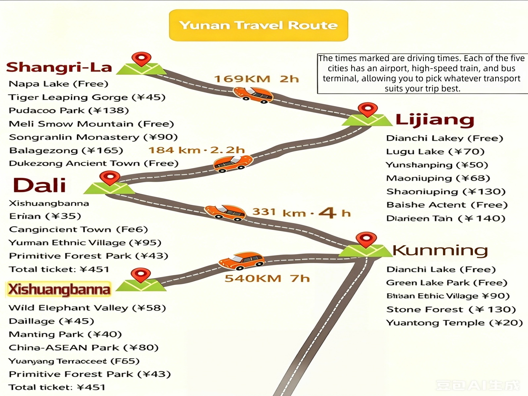 Yunnan route map — Kunming, Dali, Lijiang, Shangri-La connected by railway and highway