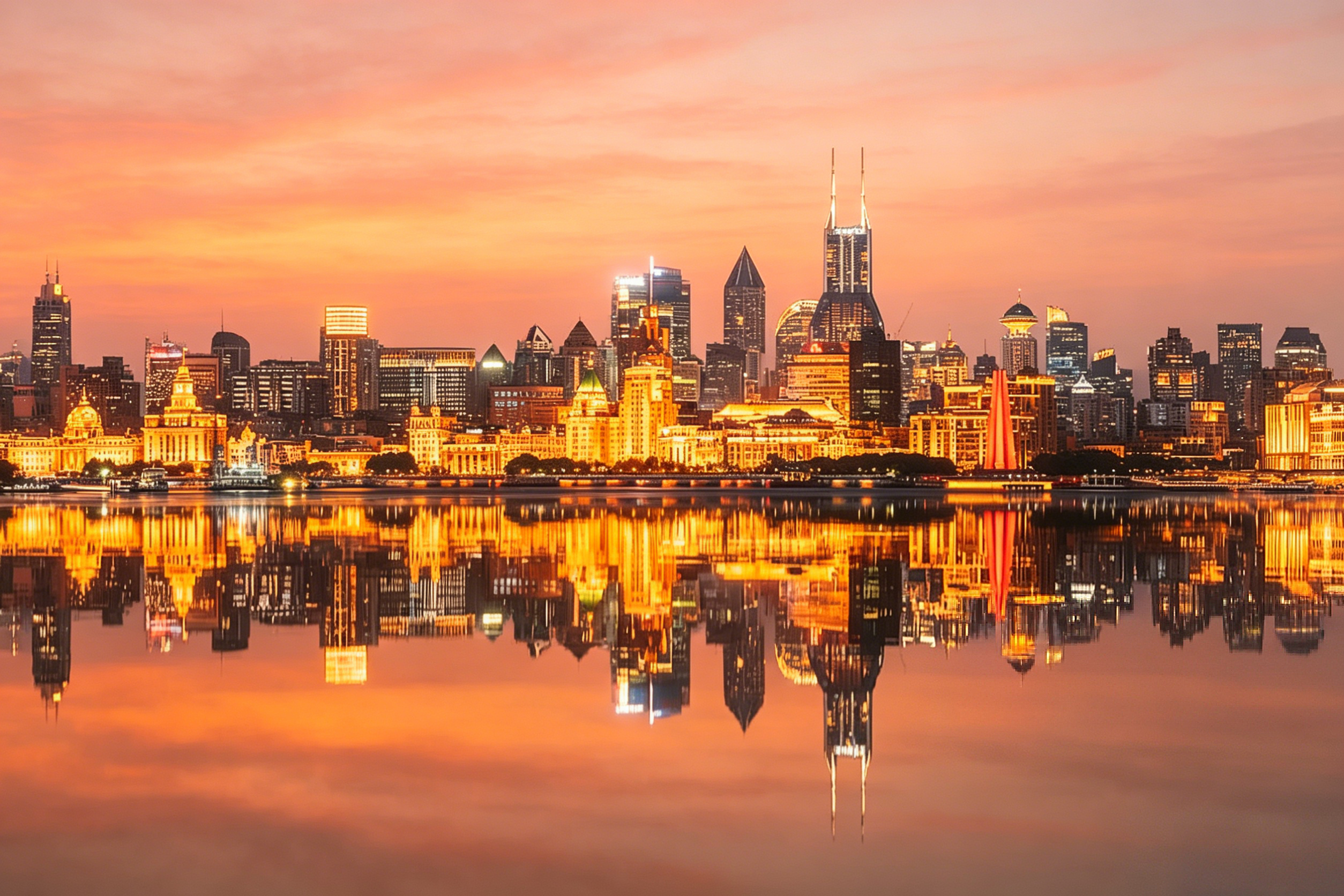 The Bund waterfront promenade at dusk — colonial-era buildings illuminated on the west bank, Pudong skyscrapers glowing across the river