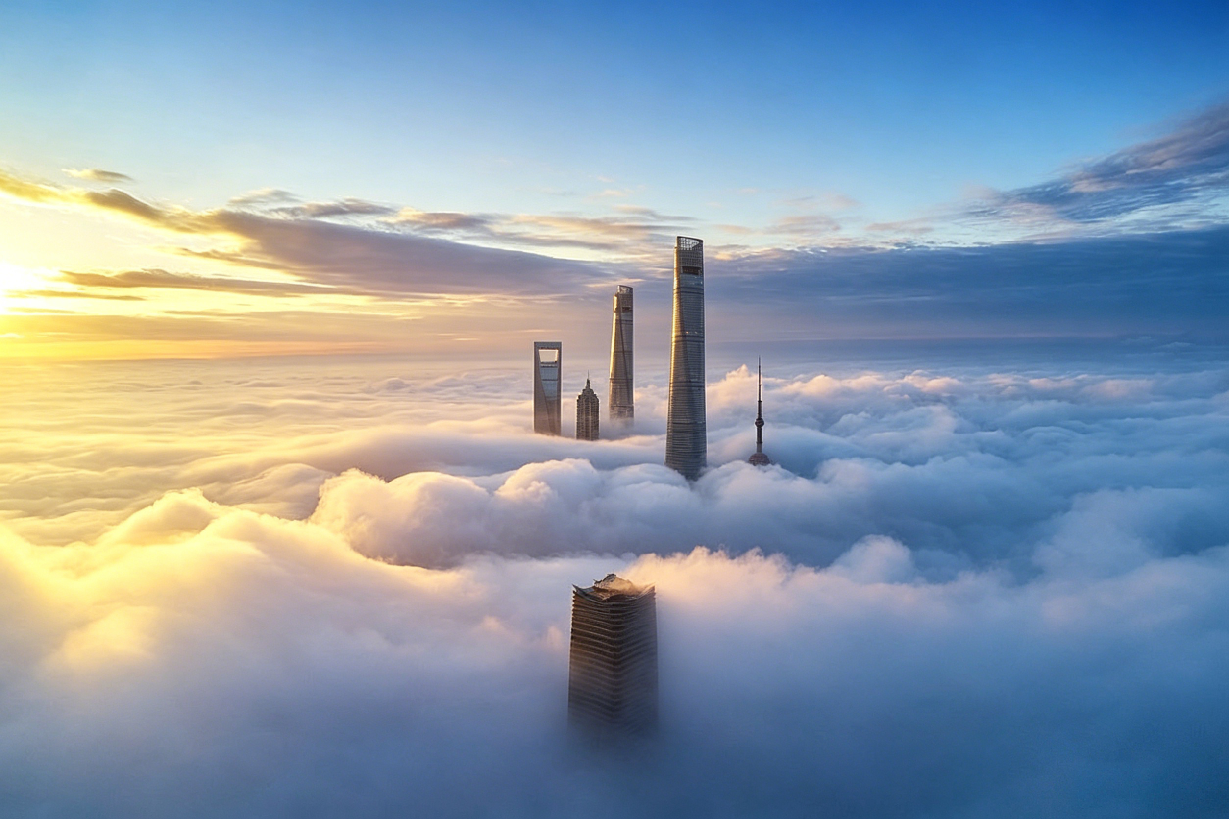 The Lujiazui skyline — Shanghai Tower, SWFC, and Jin Mao Tower piercing the clouds above the Huangpu River