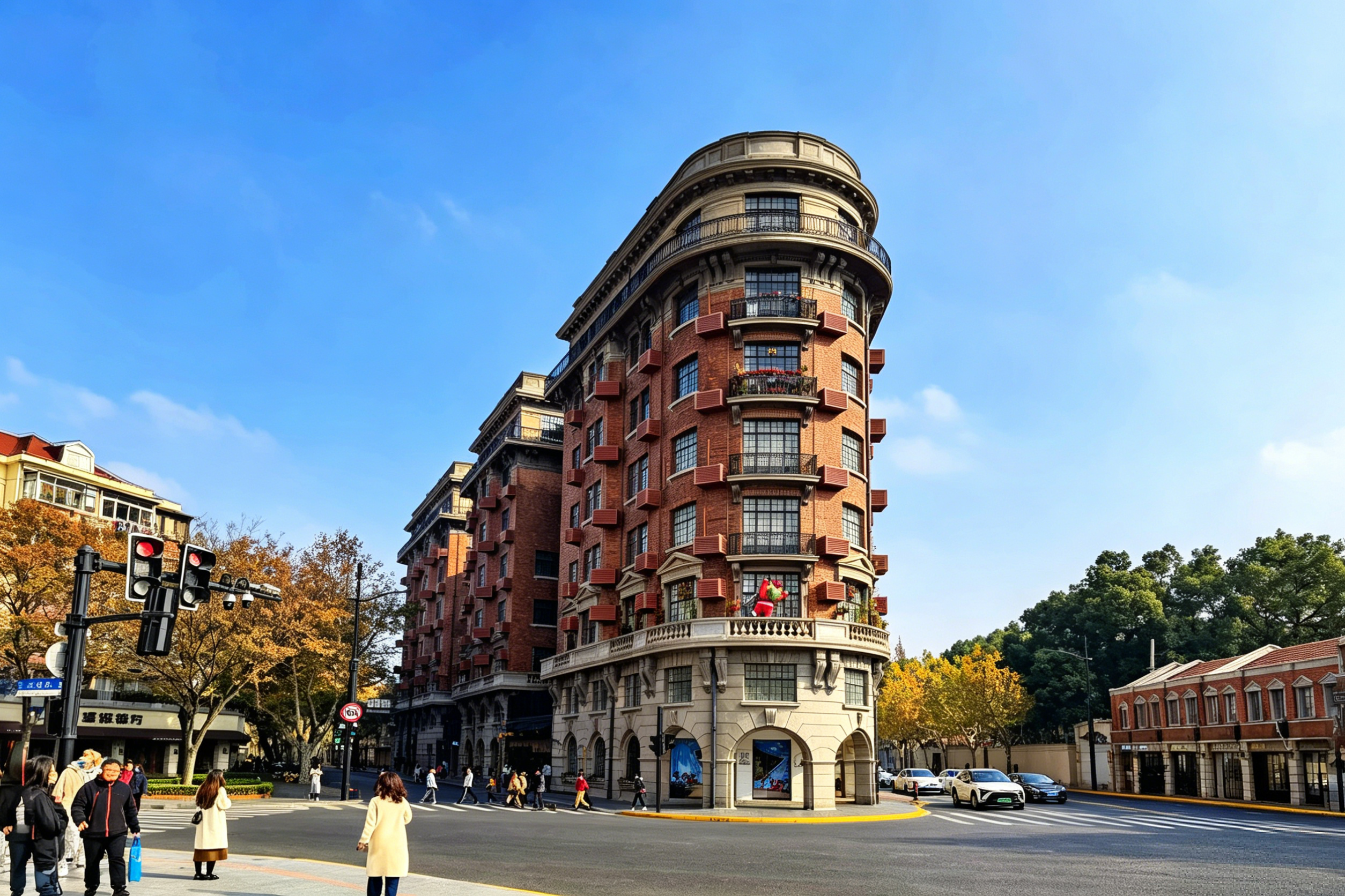 The iconic Wukang Mansion — a 1924 Normandie-style wedge building under a canopy of plane trees
