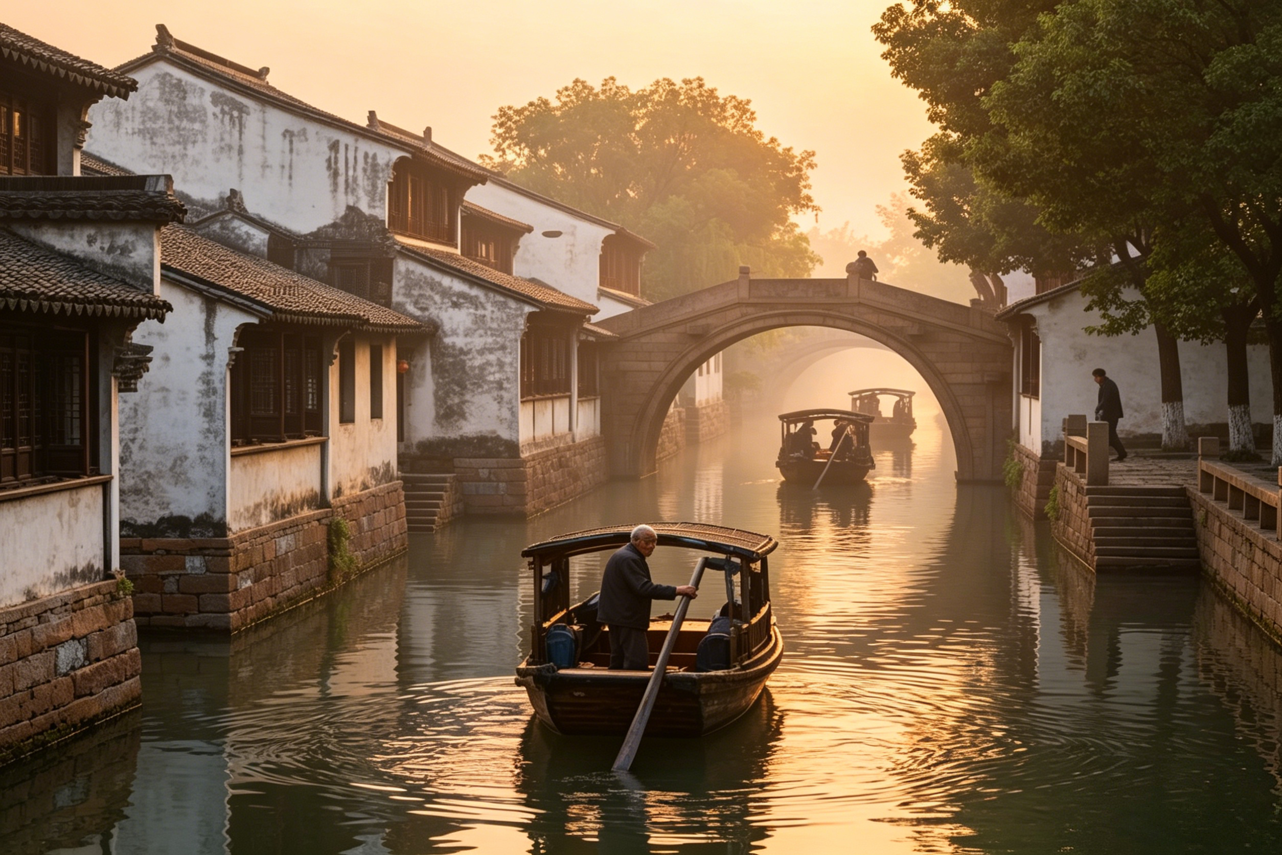 A hand-rowed boat gliding through a Suzhou canal — whitewashed walls, arched stone bridges, and willow branches trailing in the water