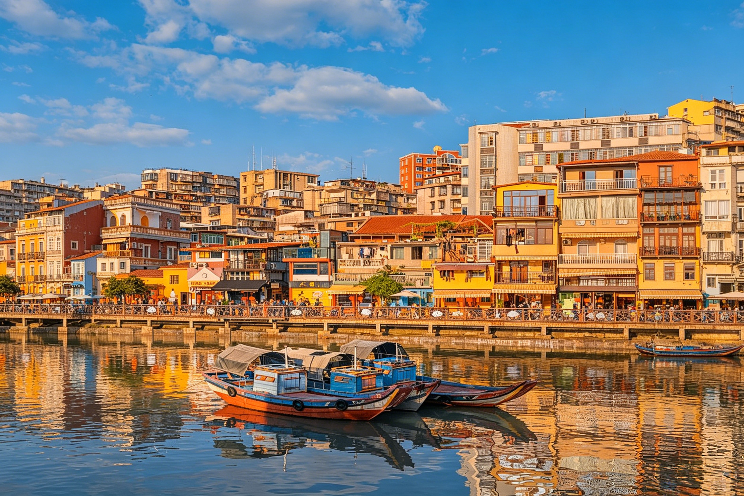 Fishing boats moored in Shapowei harbor at sunset — old Xiamen's working waterfront meets the new creative district