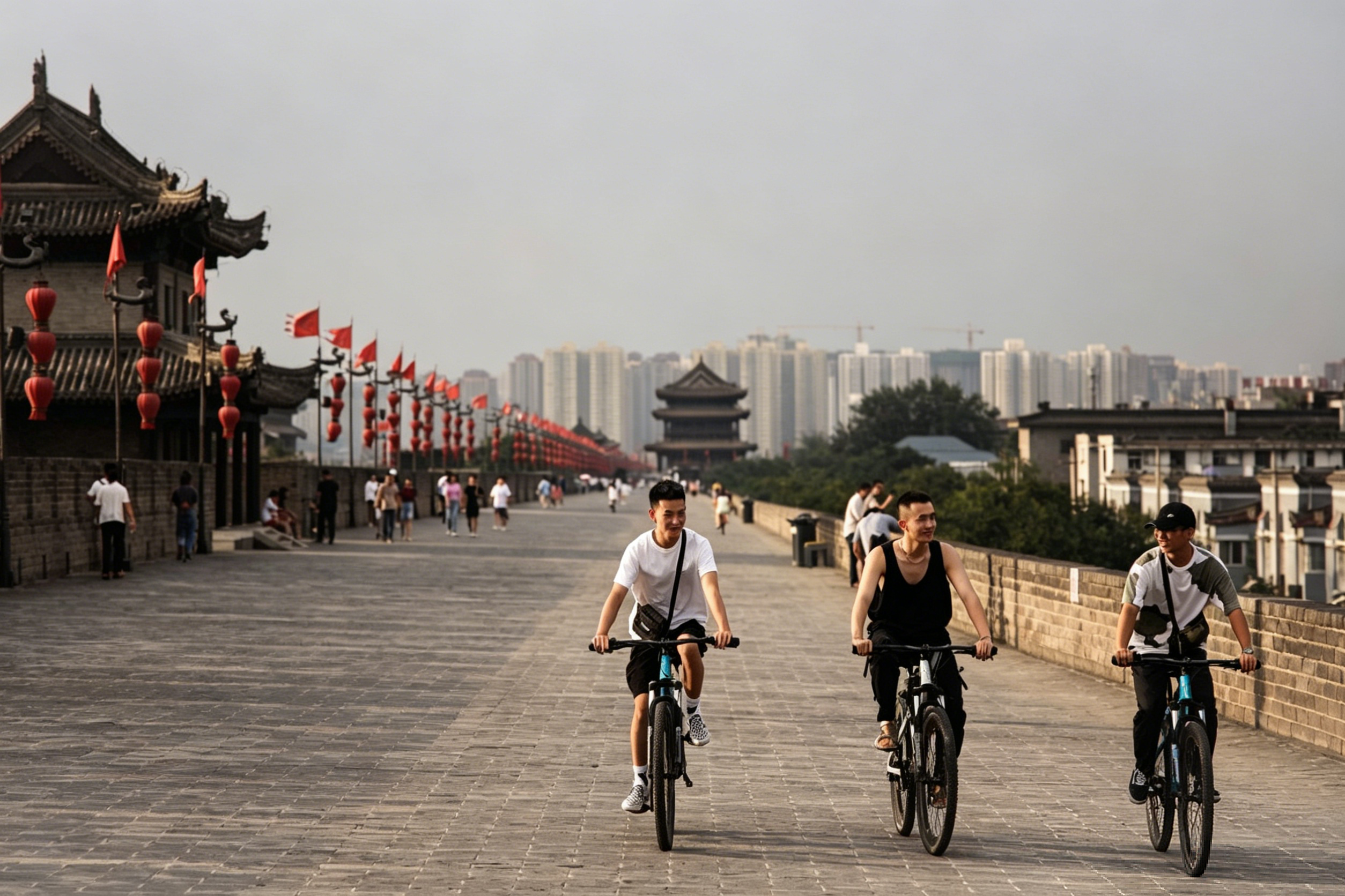 Cyclists on the Xi'an City Wall at sunset — the ancient fortifications glowing gold against the modern skyline beyond