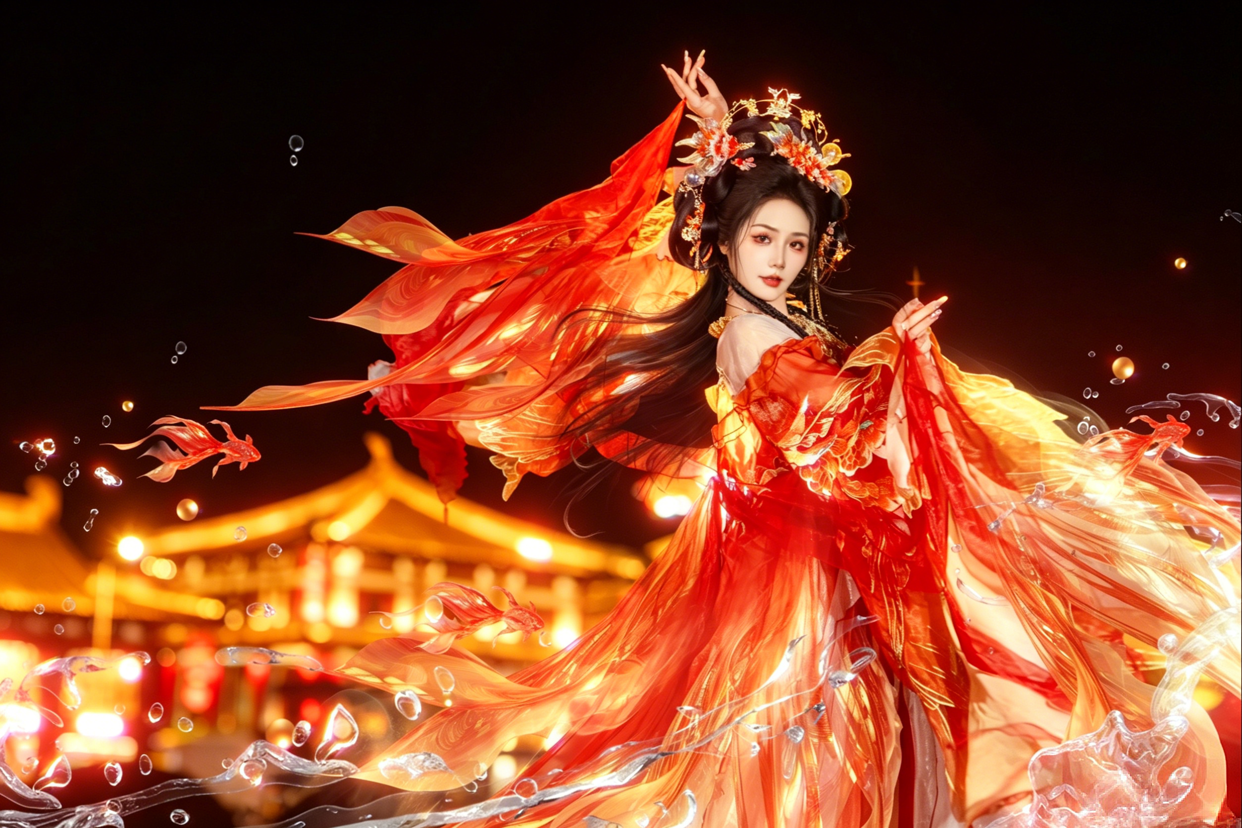 Hanfu-clad visitors posing under Tang-style lanterns at the Grand Tang Dynasty Ever-Bright City