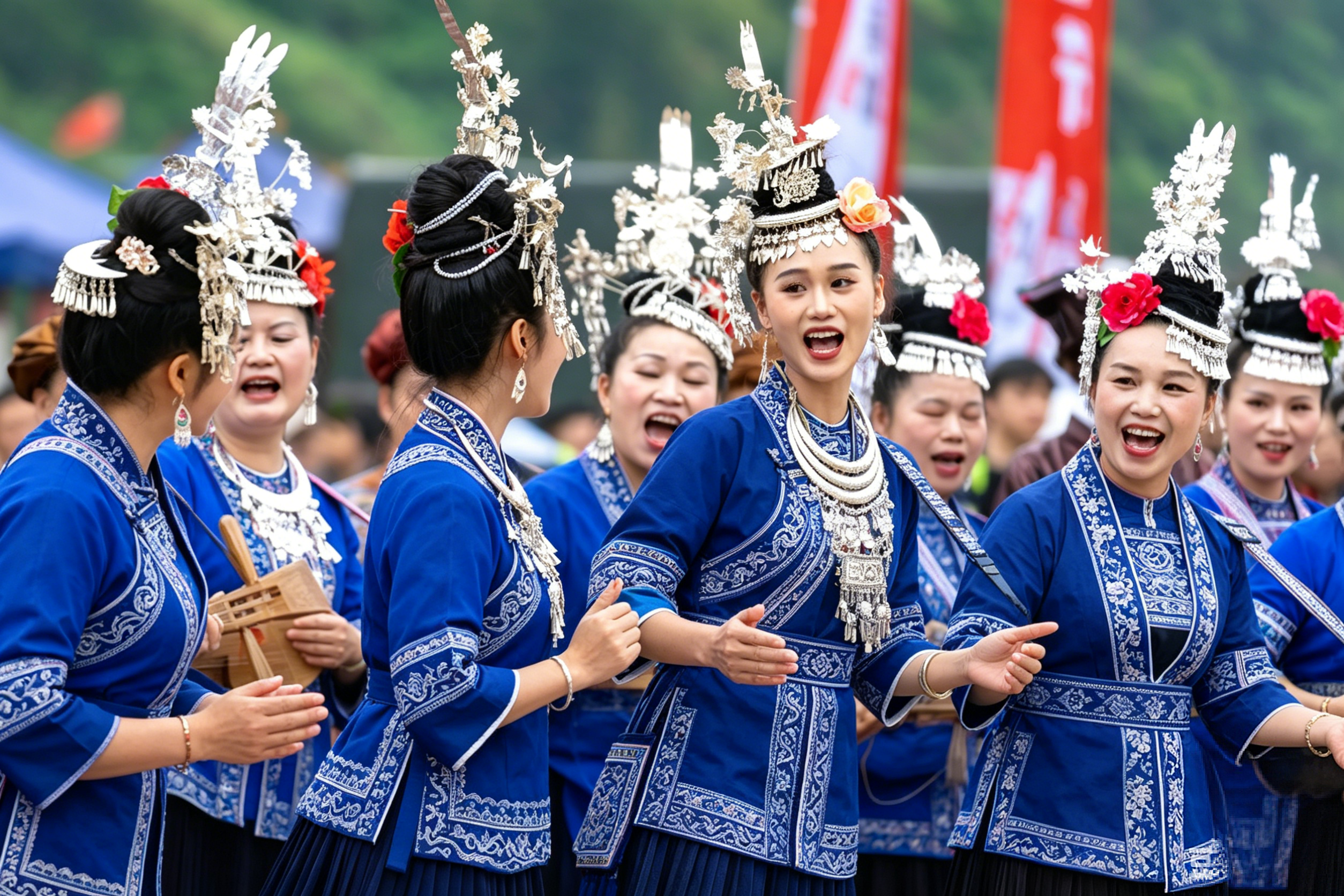 Zhuang women in embroidered indigo tunics singing at the San Yue San song festival in Guangxi